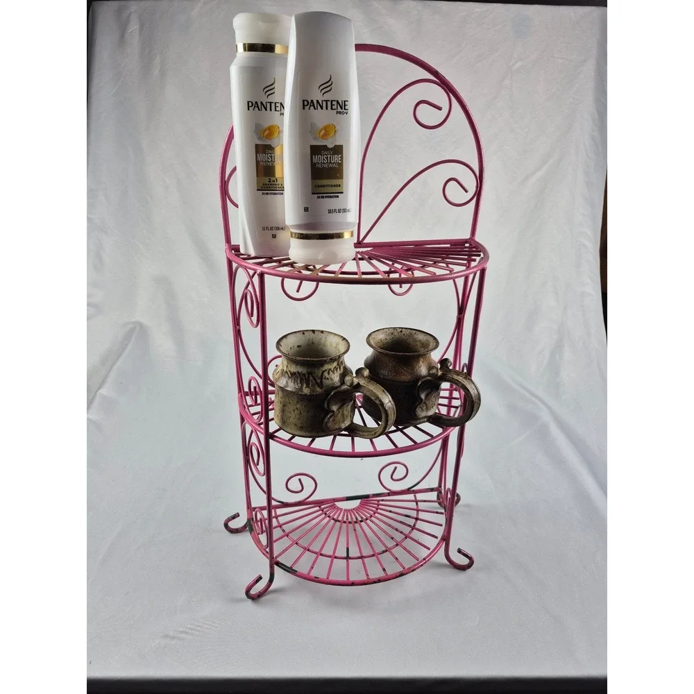 Vintage Pink Metal Wire 3 Tier Shelf Shabby Chic Scrollwork Organizer Rack